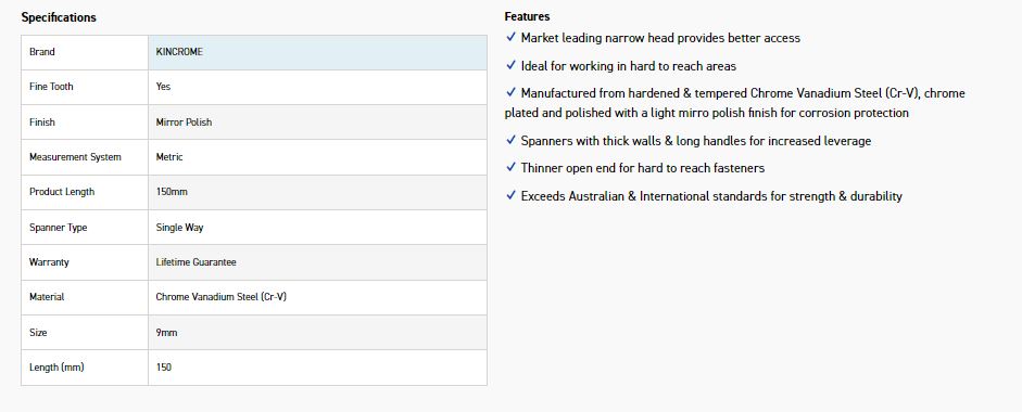 KINCROME K3109 9MM SINGLE WAY GEAR SPANNER - Image 2