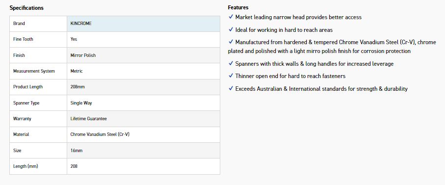 KINCROME K3116 16MM SINGLE WAY GEAR SPANNER - Image 2