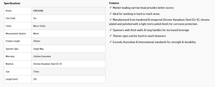 KINCROME K3117 17MM SINGLE WAY GEAR SPANNER - Image 2