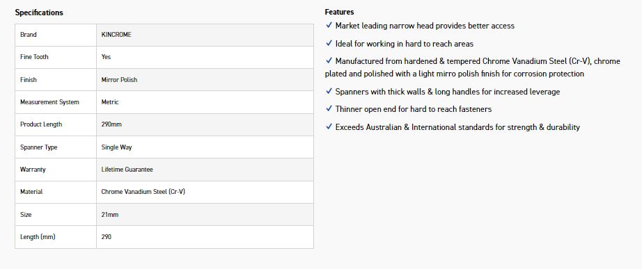 KINCROME K3121 21MM SINGLE WAY GEAR SPANNER - Image 2