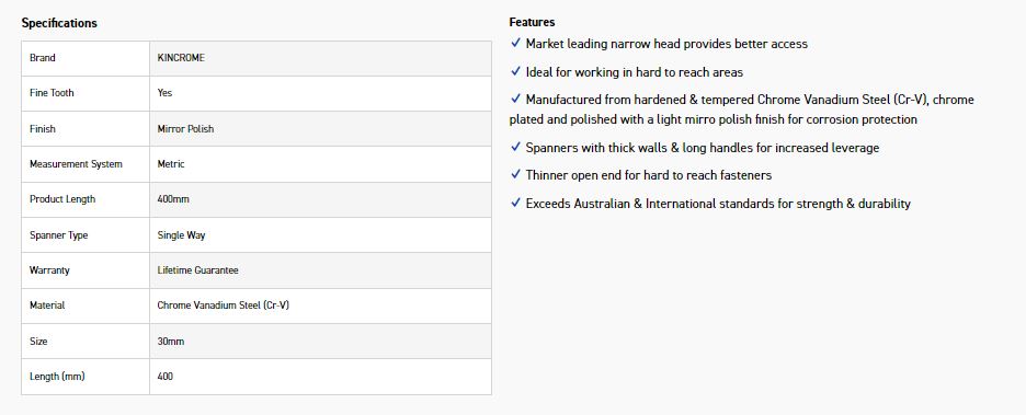KINCROME K3130 30MM SINGLE WAY GEAR SPANNER - Image 2