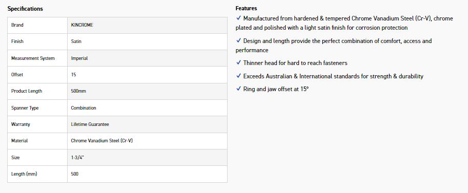 KINCROME K3144 1-3/4 COMBO SPANNER (SATIN) - Image 2
