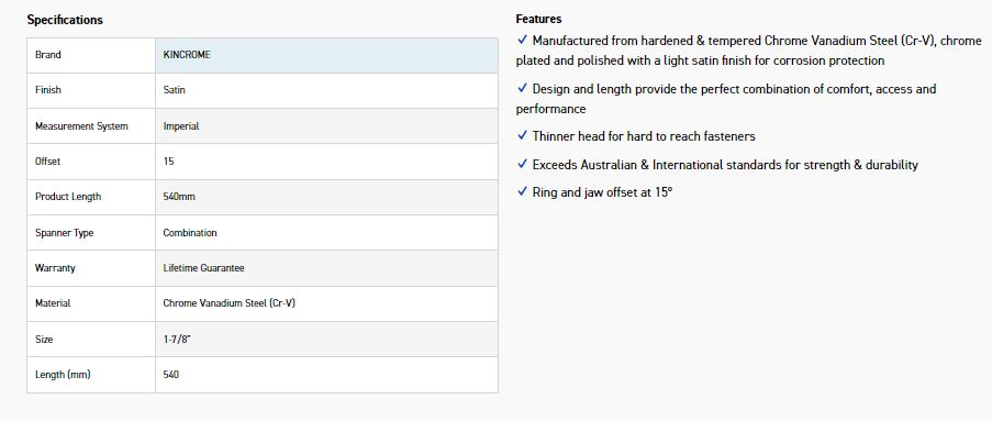 KINCROME K3145 1-7/8 COMBO SPANNER (SATIN) - Image 2