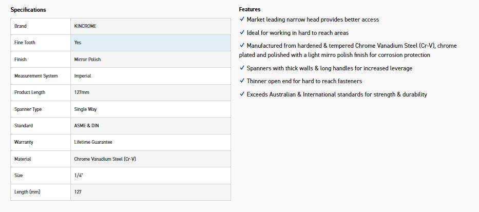 KINCROME K3400 1/4 SINGLE WAY GEAR SPANNER - Image 2