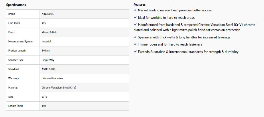 KINCROME K3401 5/16 SINGLE WAY GEAR SPANNER - Image 2