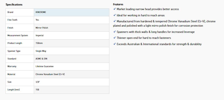 KINCROME K3402 3/8 SINGLE WAY GEAR SPANNER - Image 2