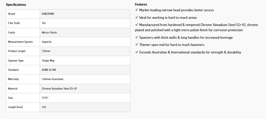 KINCROME K3403 7/16 SINGLE WAY GEAR SPANNER - Image 2
