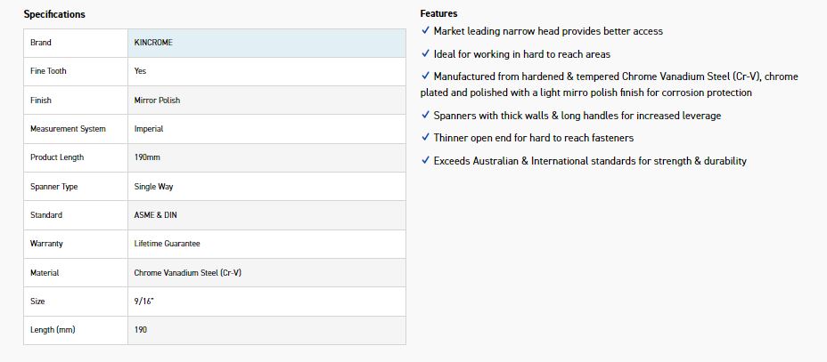 KINCROME K3405 9/16 SINGLE WAY GEAR SPANNER - Image 2