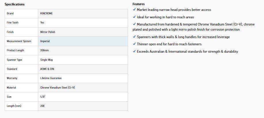 KINCROME K3406 5/8 SINGLE WAY GEAR SPANNER - Image 2