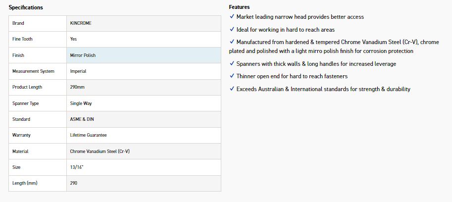 KINCROME K3409 13/16 SINGLE WAY GEAR SPANNER - Image 2