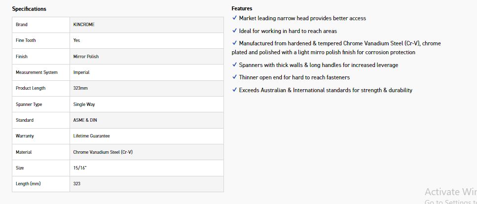 KINCROME K3411 15/16 SINGLE WAY GEAR SPANNER - Image 2