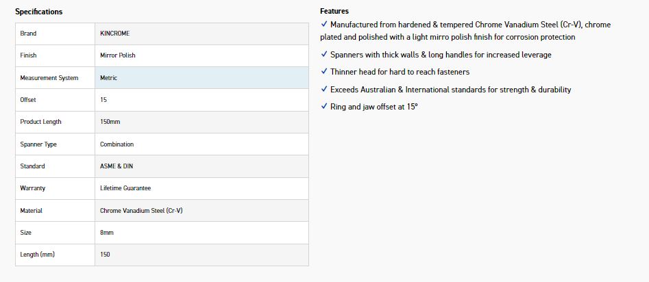 KINCROME K3502 8MM COMBO SPANNER (MP) - Image 2