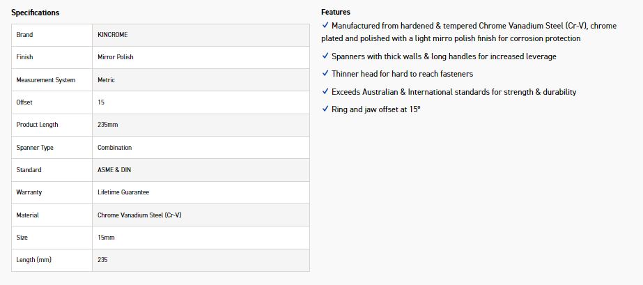 KINCROME K3509 15MM COMBO SPANNER (MP) - Image 2