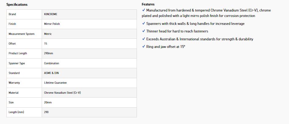 KINCROME K35135 20MM COMBO SPANNER (MP) - Image 2