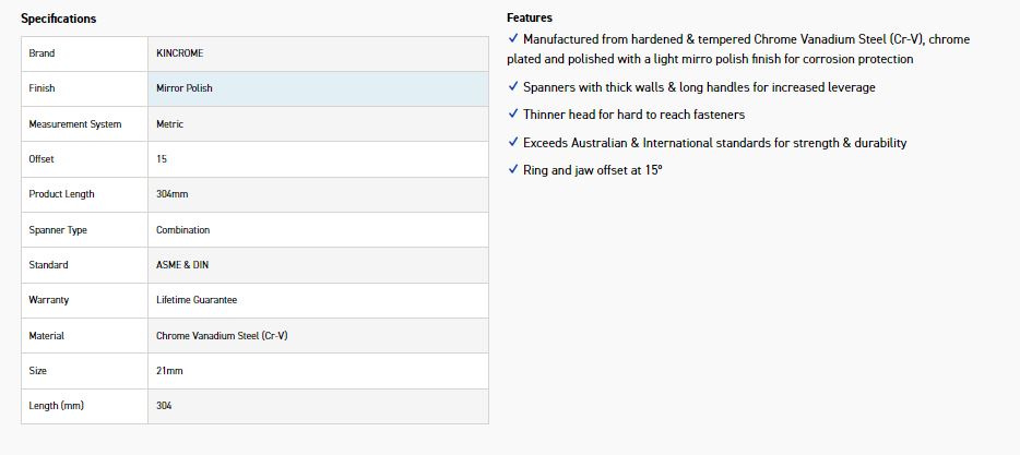 KINCROME K3514 21MM COMBO SPANNER (MP) - Image 2
