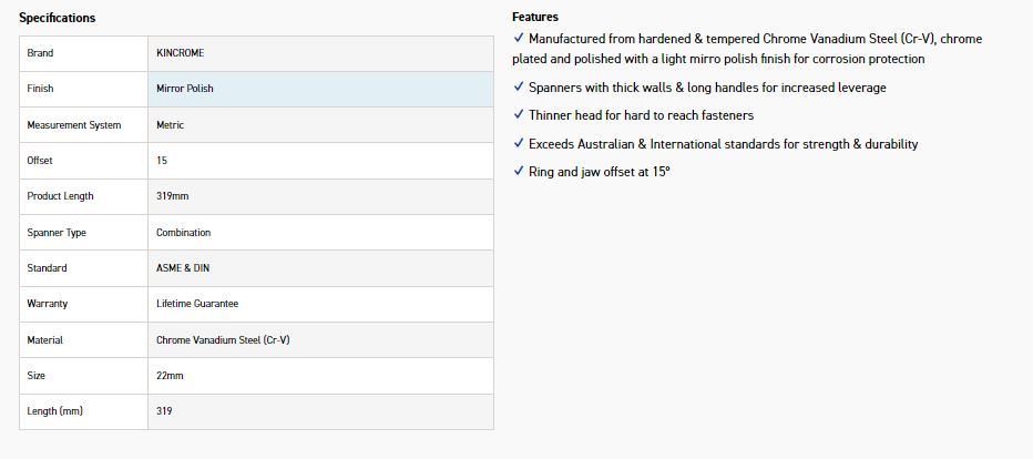 KINCROME K3515 22MM COMBO SPANNER (MP) - Image 2