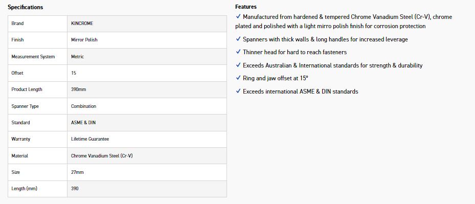KINCROME K35166 27MM COMBO SPANNER (MP) - Image 2