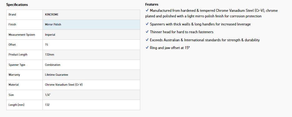 KINCROME K3517 1/4 COMBO SPANNER (MP) - Image 2