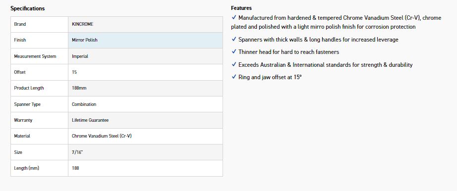 KINCROME K3520 7/16 COMBO SPANNER (MP) - Image 2