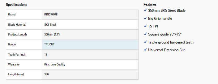 KINCROME K6634 HANDSAW PLASTIC GRIP 350MM - Image 5