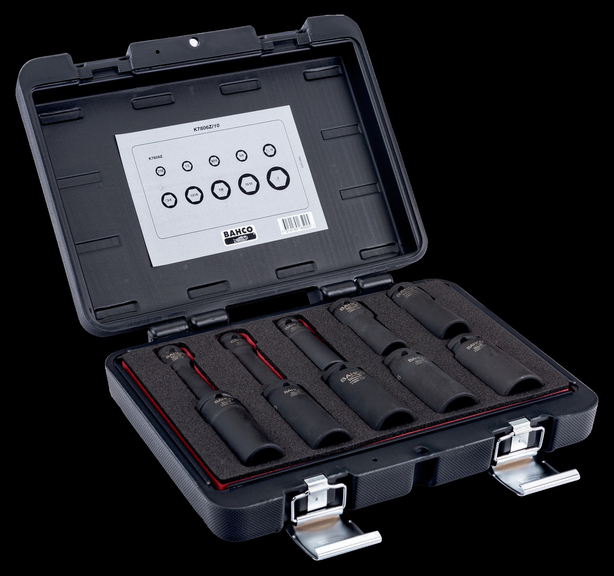 Bahco 1/2" Imperial Impact Socket Set - Deep Impact - 10 pieces. Metal case. Sizes: 7/16, 1/2, 9/16, 5/8, 11/16, 3/4, 13/16, 7/8, 15/16 & 1 inch