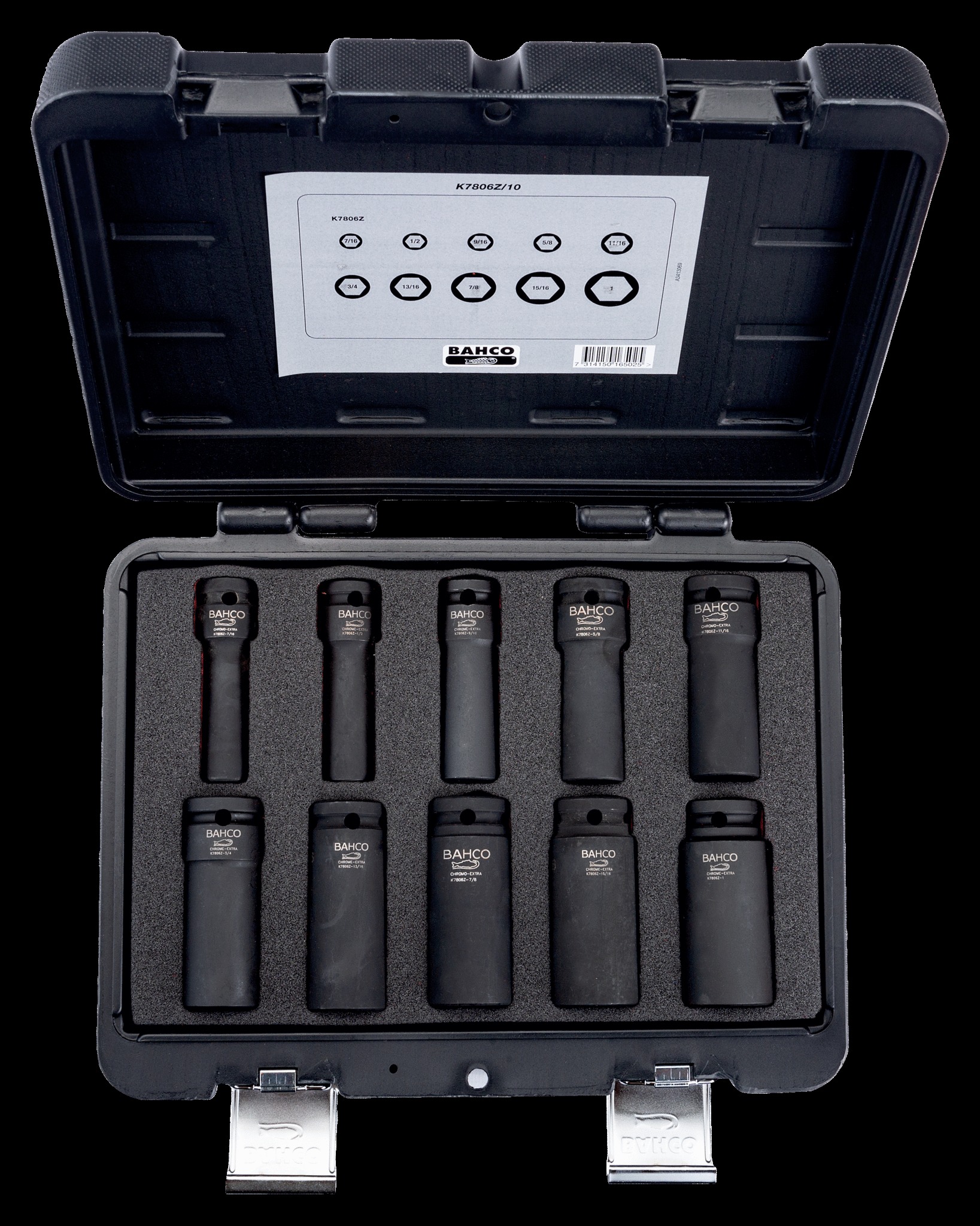 Bahco 1/2" Imperial Impact Socket Set - Deep Impact - 10 pieces. Metal case. Sizes: 7/16, 1/2, 9/16, 5/8, 11/16, 3/4, 13/16, 7/8, 15/16 & 1 inch - Image 2