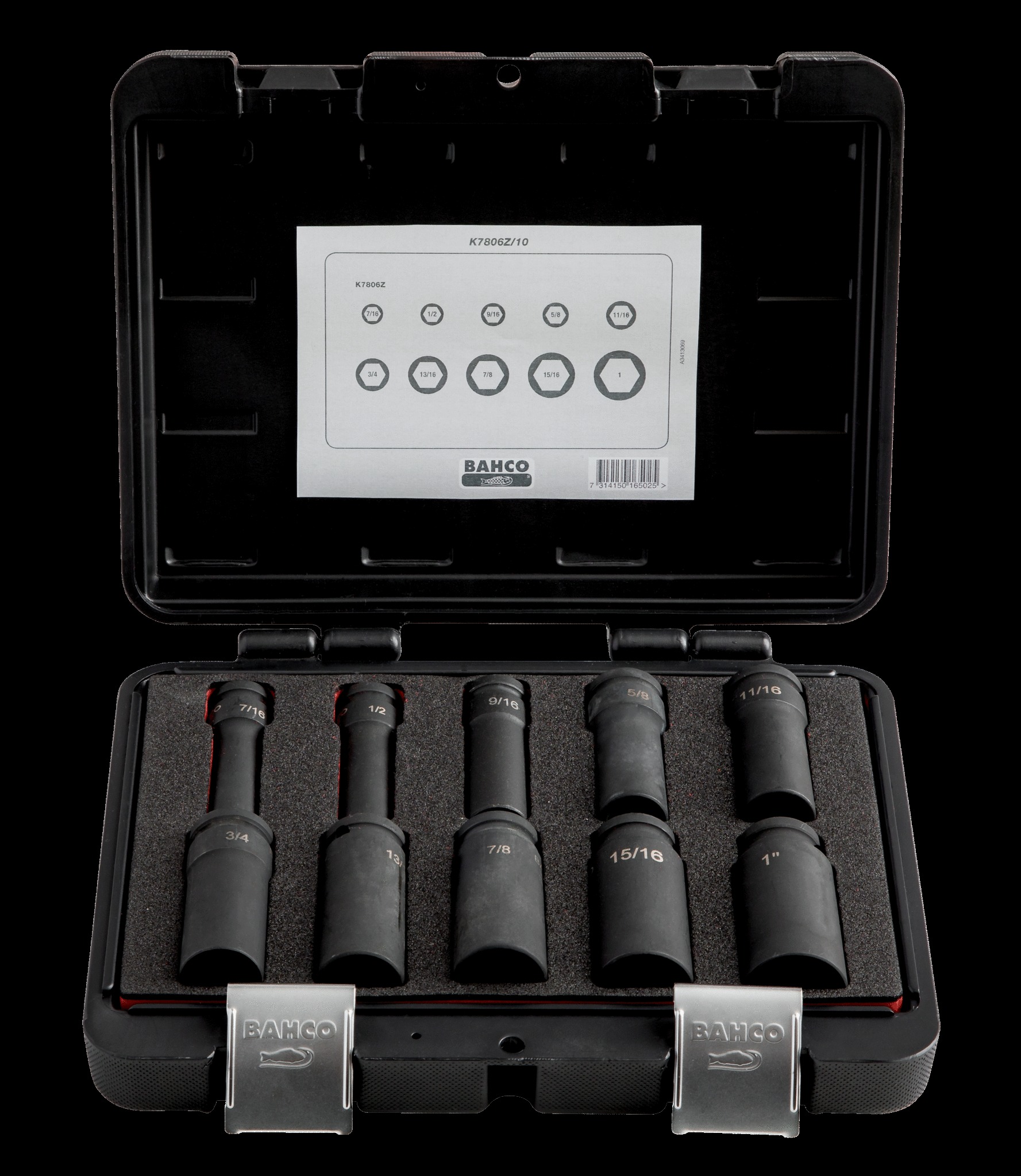 Bahco 1/2" Imperial Impact Socket Set - Deep Impact - 10 pieces. Metal case. Sizes: 7/16, 1/2, 9/16, 5/8, 11/16, 3/4, 13/16, 7/8, 15/16 & 1 inch - Image 4