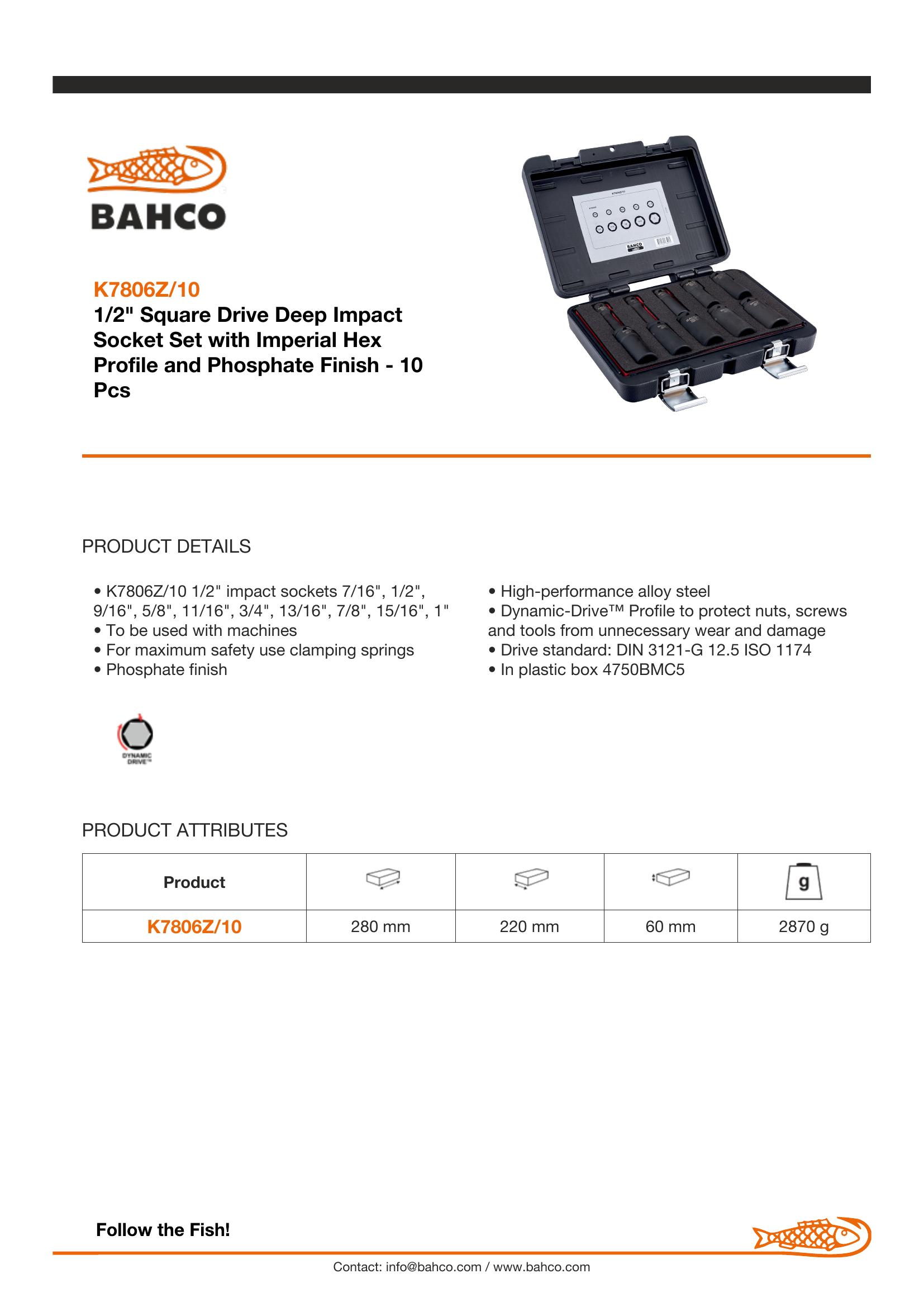 Bahco 1/2" Imperial Impact Socket Set - Deep Impact - 10 pieces. Metal case. Sizes: 7/16, 1/2, 9/16, 5/8, 11/16, 3/4, 13/16, 7/8, 15/16 & 1 inch - Image 5