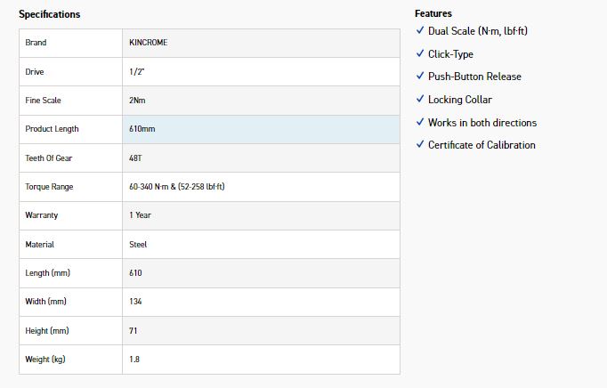 KINCROME K8502 1/2" TORQUE WRENCH 60-340Nm - Image 4