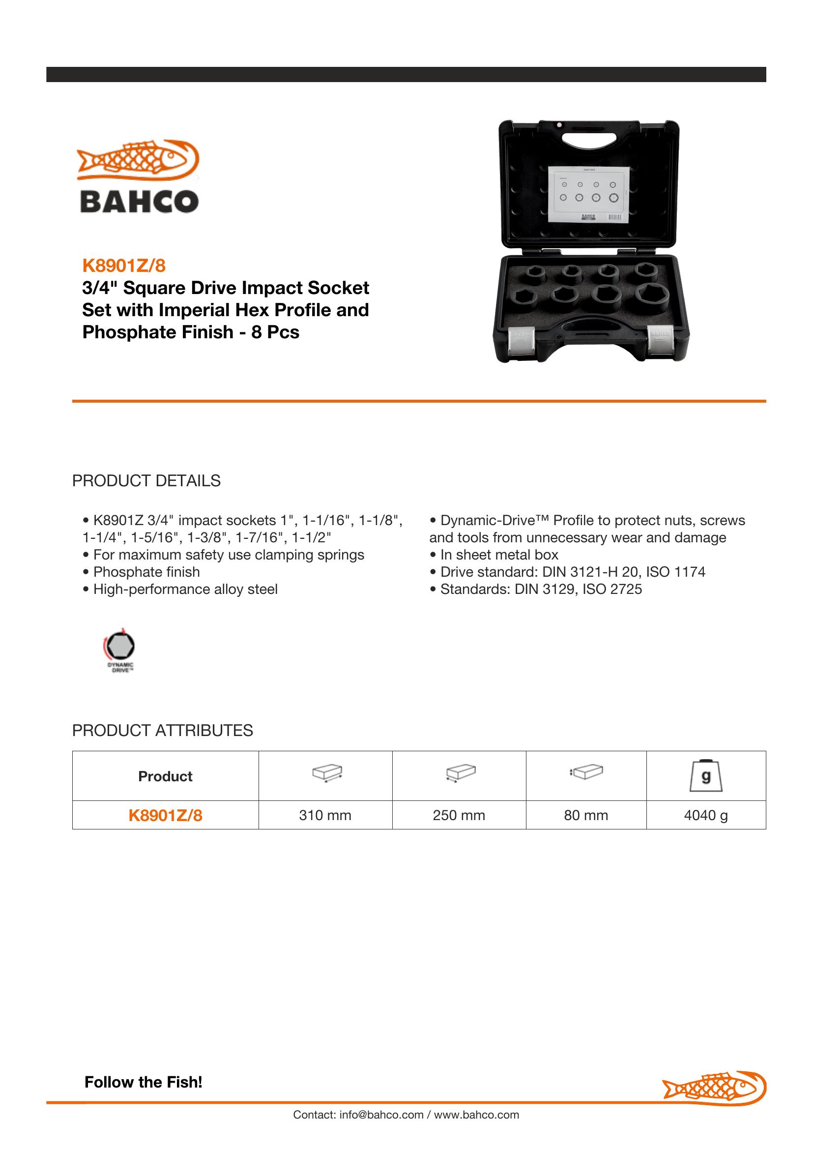 Bahco 3/4" Imperial Impact Socket Set - Standard - 8 pieces. Sizes: 1, 1.1/16, 1.1/8, 1.1/4, 1.5/16, 1.3/8, 1.7/16 & 1.1/2 inch - Image 2