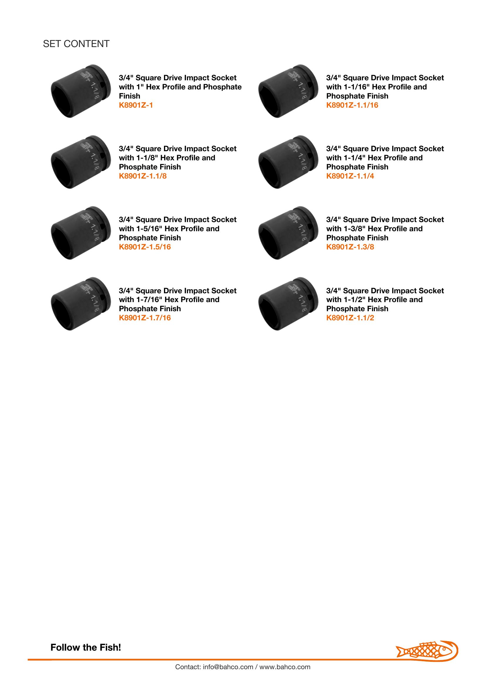Bahco 3/4" Imperial Impact Socket Set - Standard - 8 pieces. Sizes: 1, 1.1/16, 1.1/8, 1.1/4, 1.5/16, 1.3/8, 1.7/16 & 1.1/2 inch - Image 3