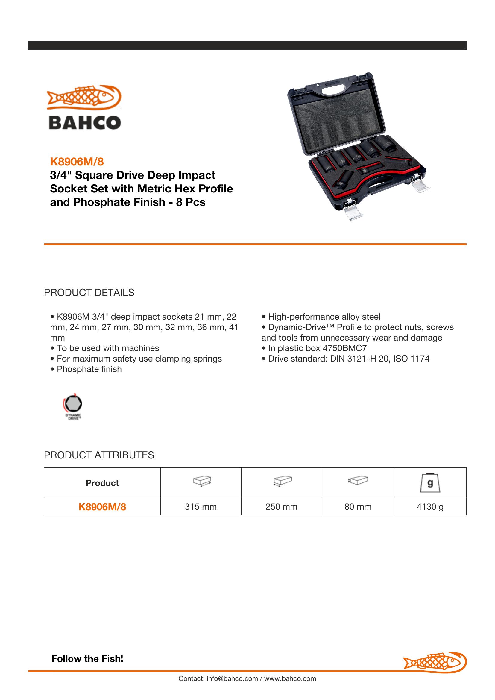 Bahco 3/4" Metric Impact Socket Set - Deep Impact - 8 pieces. Sizes: 21, 22, 24, 27, 30, 32, 36 & 41mm - Image 4