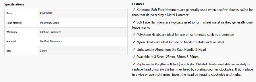 KINCROME K9020 38MM SOFT FACE HAMMER NYL/POLY - Image 3