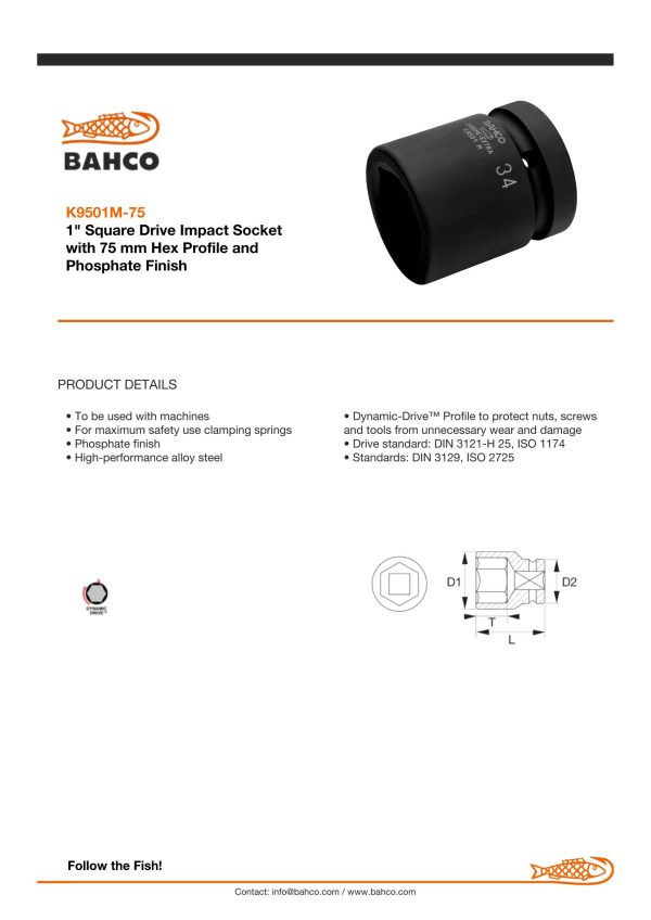 Bahco 1" Square Drive Impact Socket with 75 mm Hex Profile and Phosphate Finish - Image 6