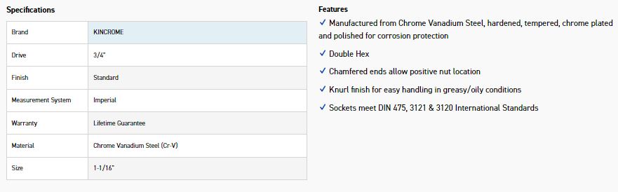 KINCROME KC115C SOCKET 3/4 DRV 1.1/16" - Image 3