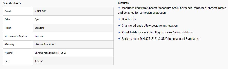 KINCROME KC117C SOCKET 3/4 DRV 1.3/16" - Image 2