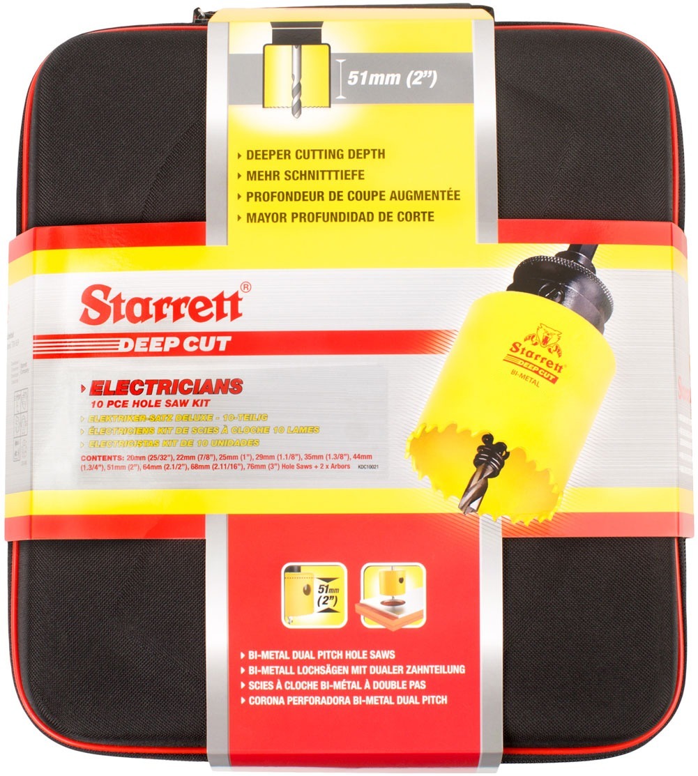 Starrett Bi-Metal Deep Cut 10 Pc Deluxe Electricians Kit KDC10021 Deluxe Electricians Deep Cut Bi-Metal Hole Saw Kit