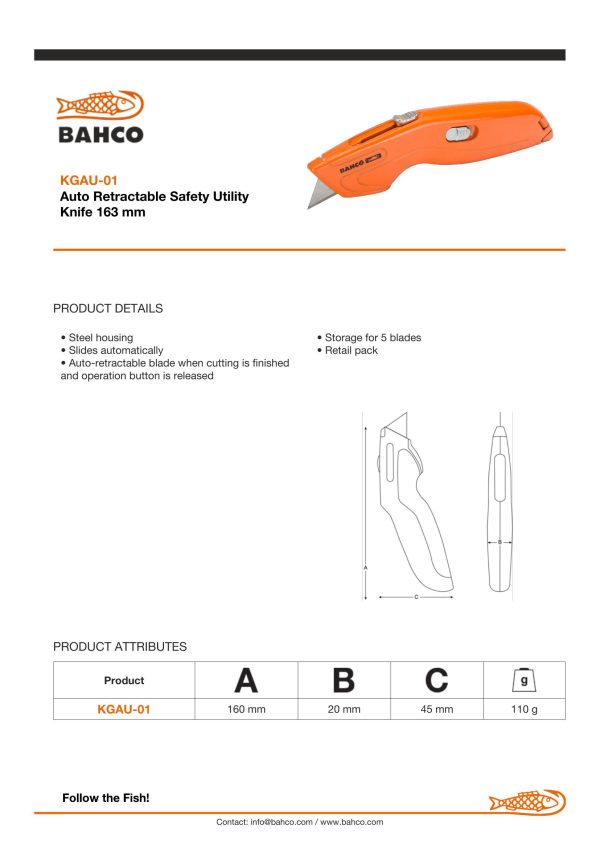Bahco Auto Retractable Safety Utility Knife 163 mm - Image 5