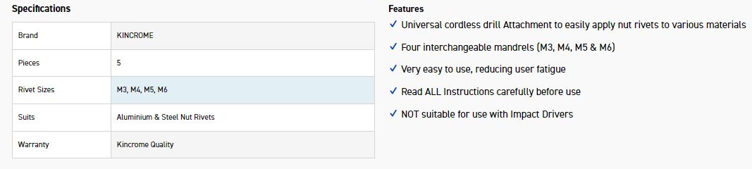 KINCROME KP45003 M3-M6 EZI RIV-NUT DRILL ATTACH - Image 3