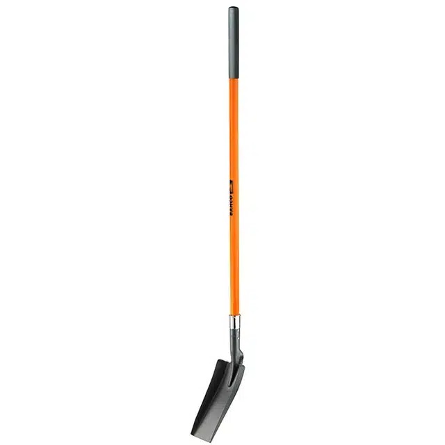Bahco Trenching Shovel - Long Handle. Handle shaft equipped with a profile for a safe non-slip grip. Hardened blade made of 50 Mn steel, sheet thickness 2.4mm. Treaded blade enables good foot pressure. Turned edges on the blade to retain soil.