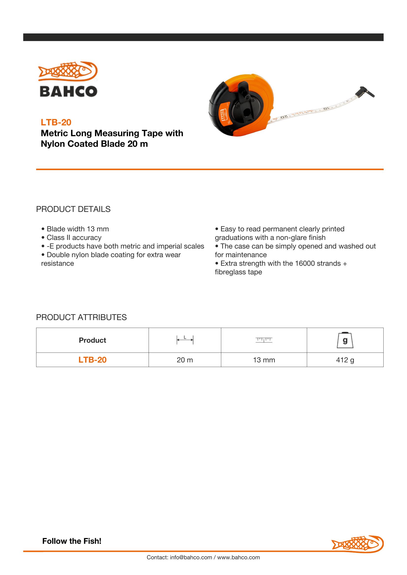 Bahco 20 metre, measuring tape, fibreglass blade, blade width 13mm - Image 6