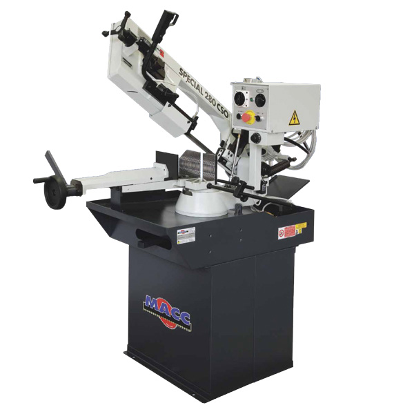MACC BANDSAW, 220MM CAP, SWIVEL HEAD, RH MITRE, 2 SPEED 415V 3PH, HYD DOWNFEED (INC STAND IN SEPARATE BOX)