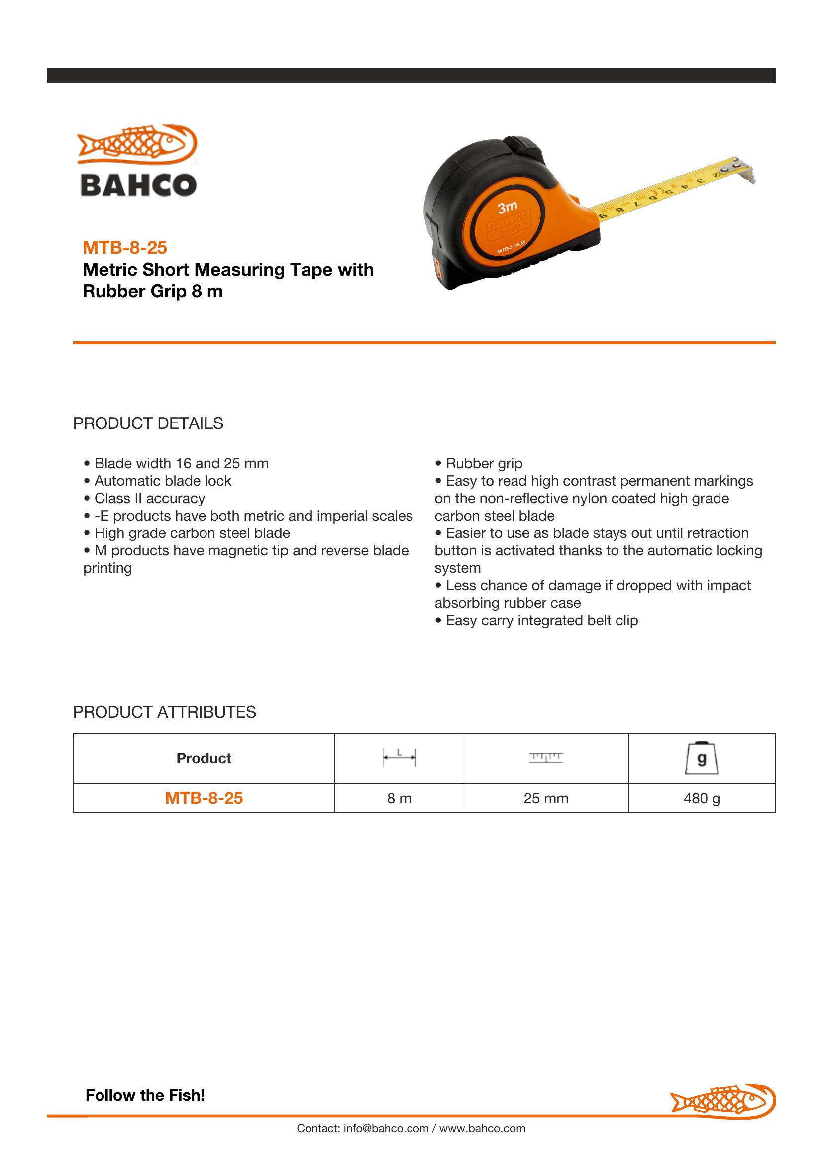 Bahco 8 metre, measuring tape, steel blade, blade width 25mm - Image 6
