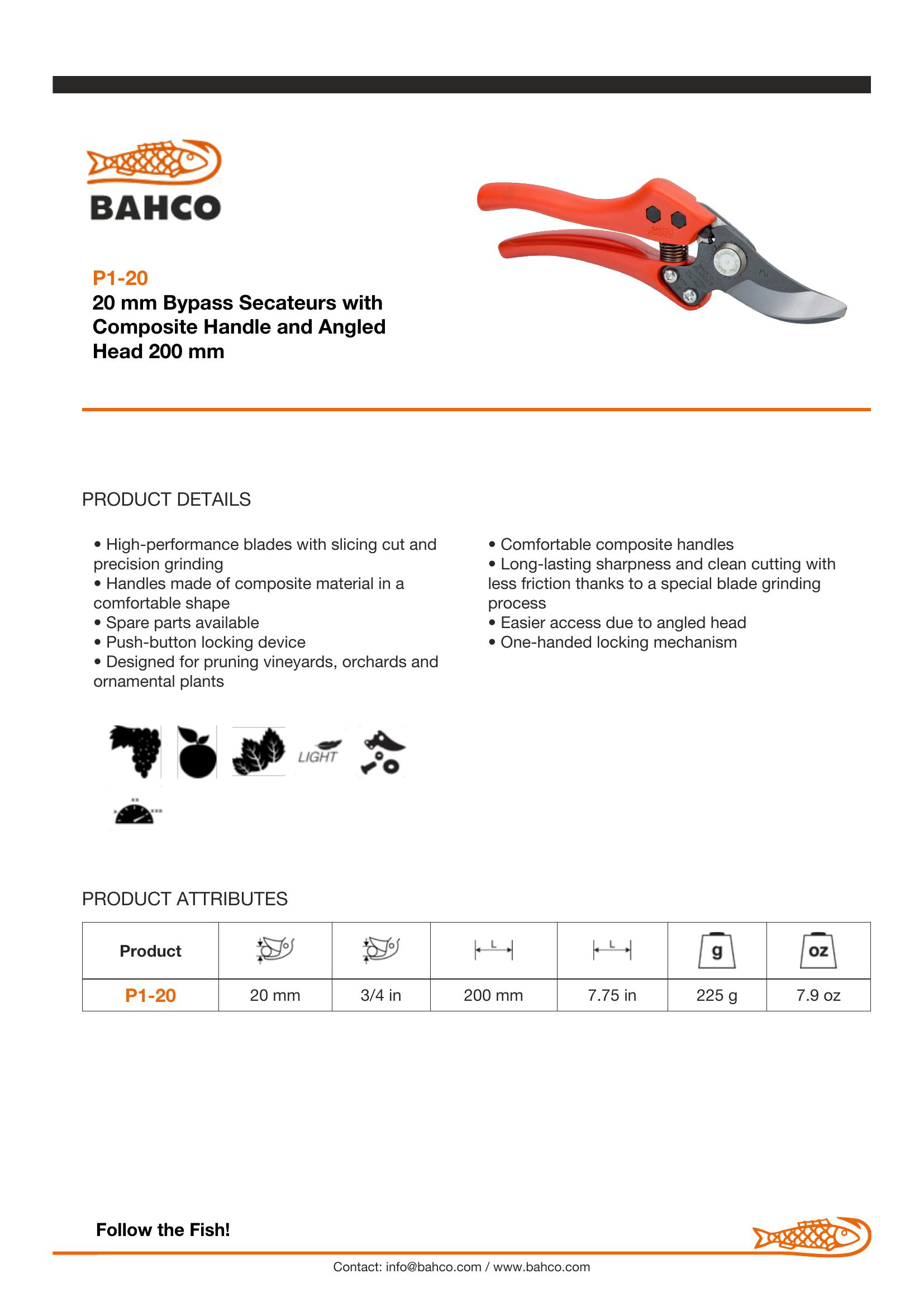 Bahco One handed By-Pass Secateurs. Blades with slicing cut and precision grinding for high performance cutting. Handles made of composite material for a comfortable grip. . Equipped with push button locking device. Cutting capacity 20mm - Image 6
