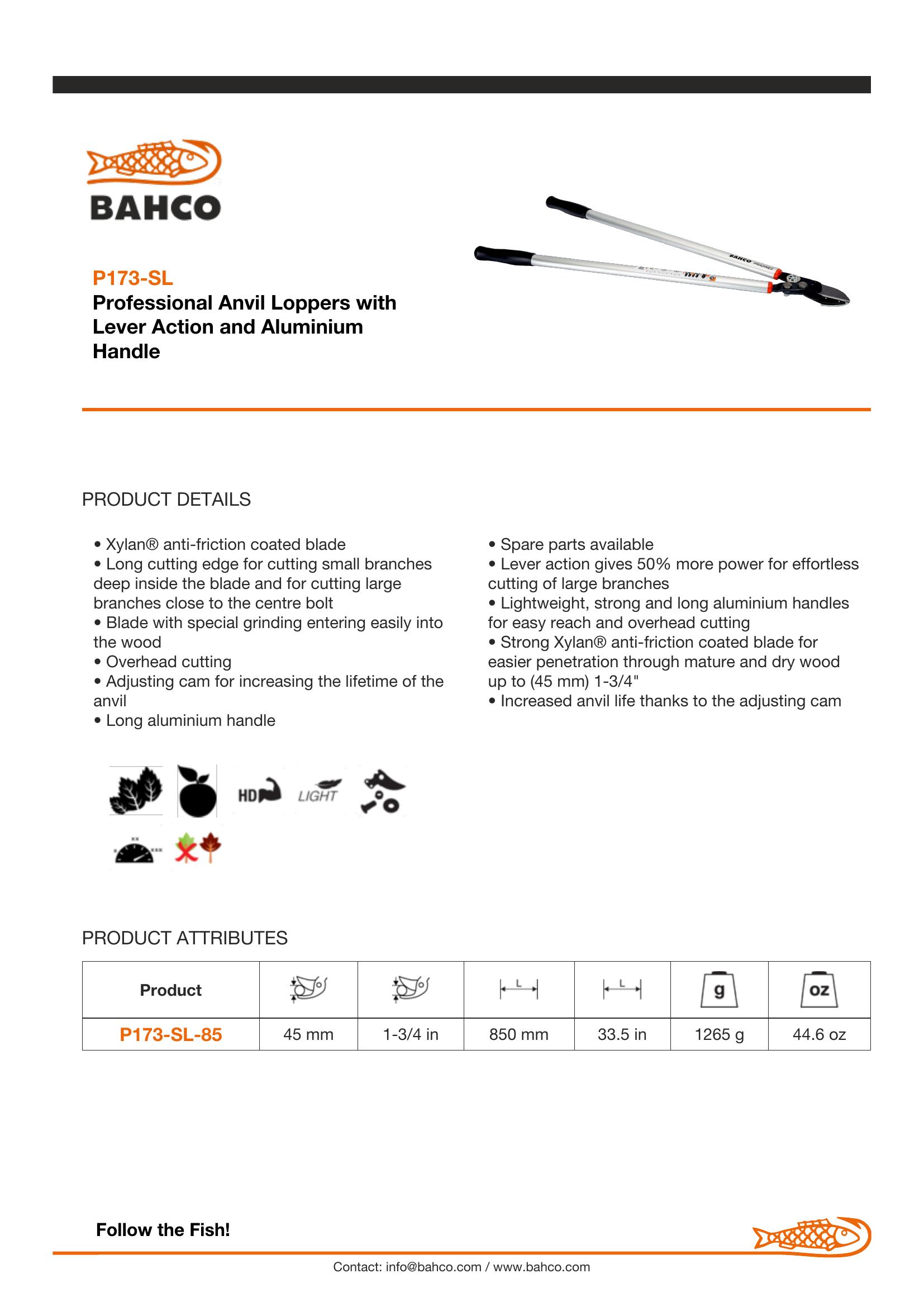 Bahco Two handed Super Light Anvil Lopper - length 85cm, Lever action gives 50% more power for effortless cutting in large diameter branches.. Equipped with adjusting cam for increasing the lifetime of the anvil. Cutting capacity 45mm - Image 6
