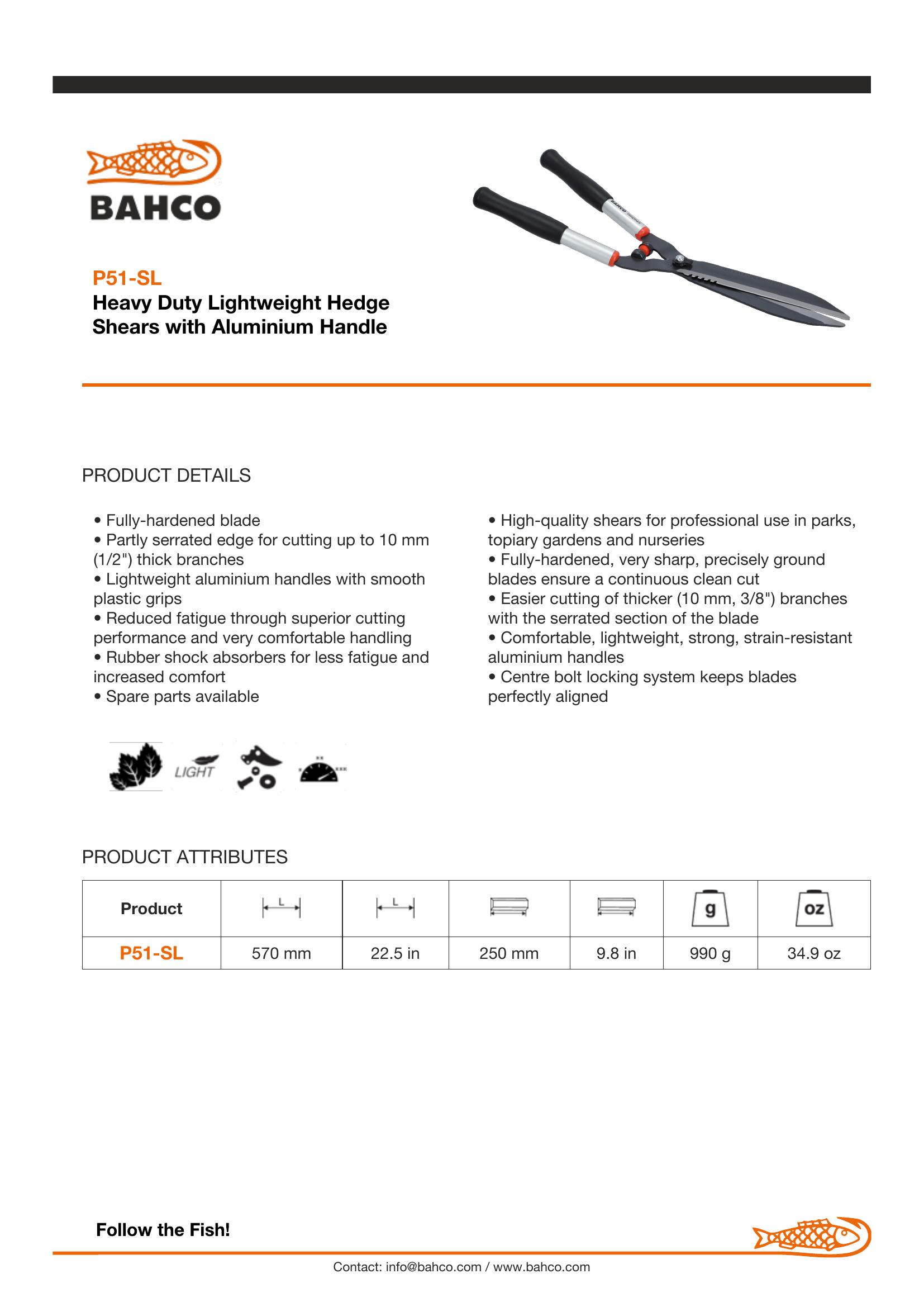 Bahco Hedge Shears Straight edge blades - long super light aluminium handles - Image 2
