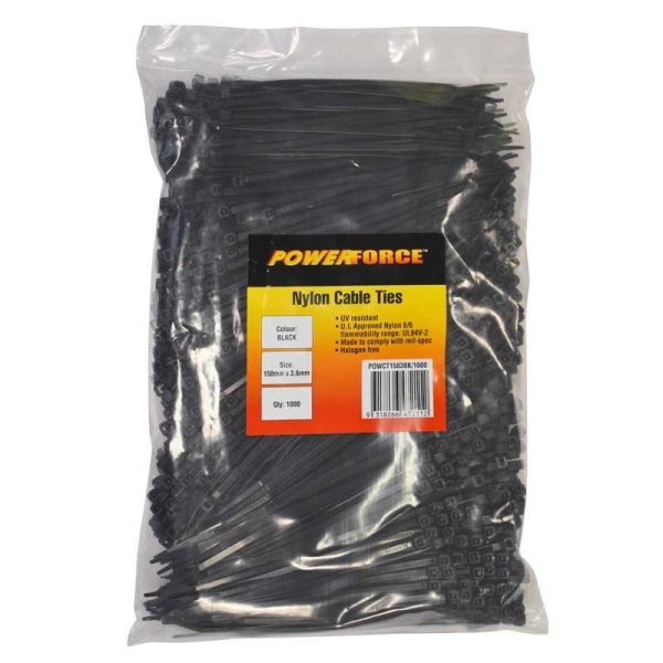 POWERFORCE - CABLE TIE, NYLON - BLACK UV 150mm x 3.6mm [1000] PACK