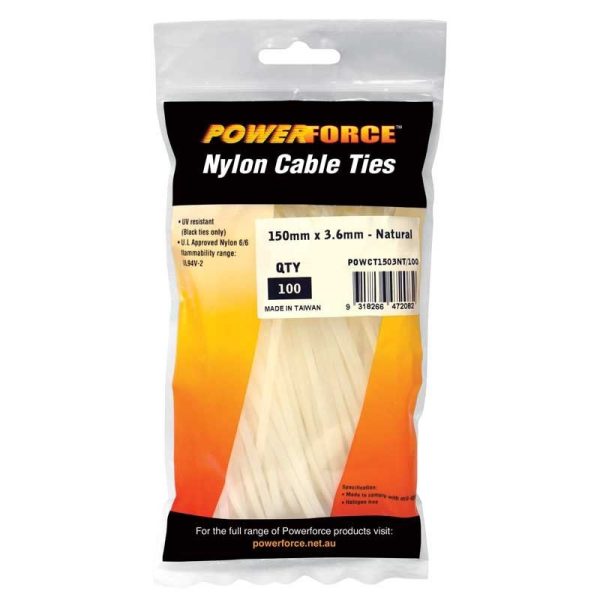 POWERFORCE - CABLE TIE, NYLON - NATURAL 150mm x 3.6mm [100] PACK