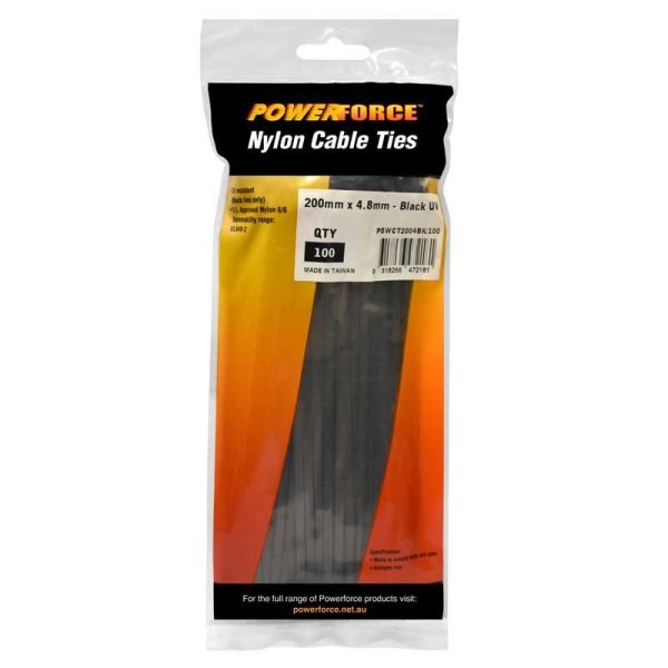 POWERFORCE - CABLE TIE, NYLON - BLACK UV 200mm x 4.8mm [100] PACK