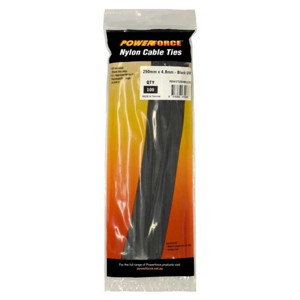 POWERFORCE - CABLE TIE, NYLON - BLACK UV 250mm x 4.8mm [100] PACK